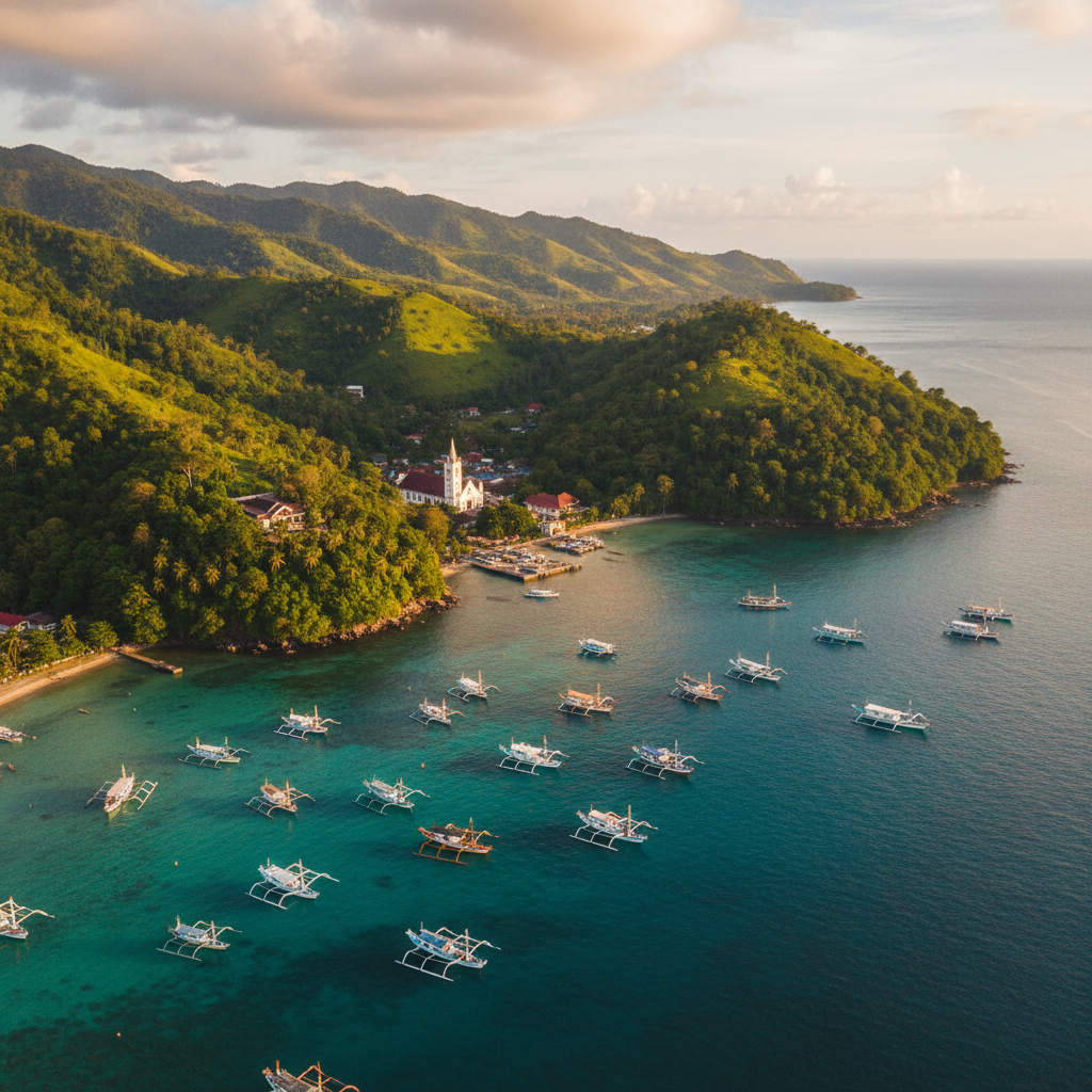 Ambon Bay aerial — boats in turquoise water with green hills