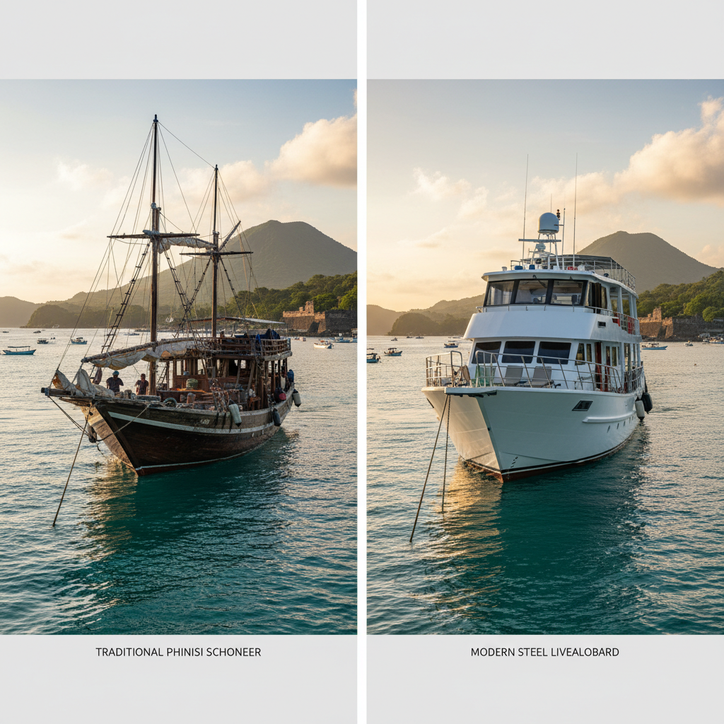 Traditional phinisi schooner vs modern liveaboard side by side